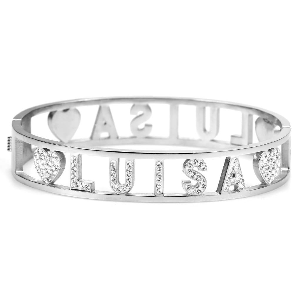 Flowers Bracciale Rigido Acciaio con Nome Vari e Zirconcini Sacchettino in tessuto Scritta nome ricoperta di strass Brillantissimi Bracciale a Manetta Donna Chiusura a molla Idea Regalo
