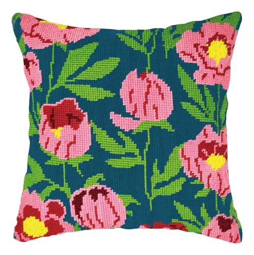 Howie's Needlepoint Needlepoint Kits for Adults, Pillow Front Cross Stitch Kit with Embroidery Pattern on Canvas, Yarn, 2 Needles and Instruction, 16 x 16inch(Peach Tulips)