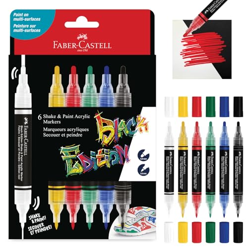 Image of Faber-Castell Black Edition Shake & Paint Acrylic Marker - Classic Colours, Box of 6 | Dual-Tip, Water-Based, Permanent Paint Markers for Multi-Surface Use | Acrylic pens with double tip (1 mm and 3 mm) for paper, wood, glass, stone and more