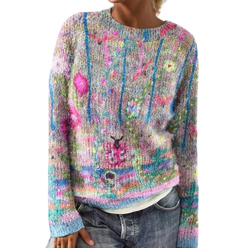 Women's Colorful Painting Landscape Floral Print Sweater Casual Loose Knitted Crewneck Long Sleeve Cropped Pullover Tops