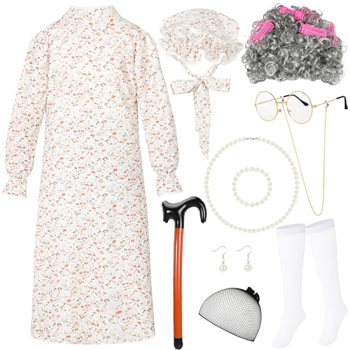 Image of Old Lady Costume for Kids Set with Wig 100 Days of School or Halloween Dress Up White