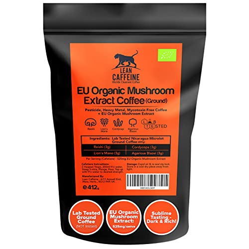 Mushroom Coffee Gemahlen 412g | EU Löwenmähne / Reishi / Cordyceps / Agaricus Blazei | Pestizide, Schwermetalle und Mykotoxinfreier dunkler gerösteter kugelsicherer Kaffee | 23+ starke Kaffeeportionen Cover