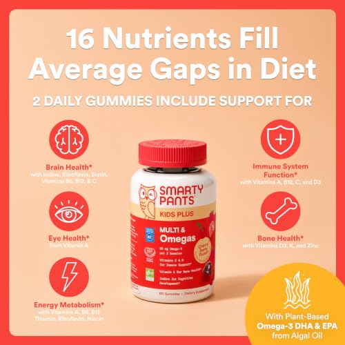 Image of SmartyPants Kids Multivitamin Gummies with Omega 3 DHA /EPA, Vitamins D3, C, B12, B6, A, K, and Zinc, Gluten Free, Clean Label, Cherry Berry Flavor, 60 Gummies (30 Day Supply)