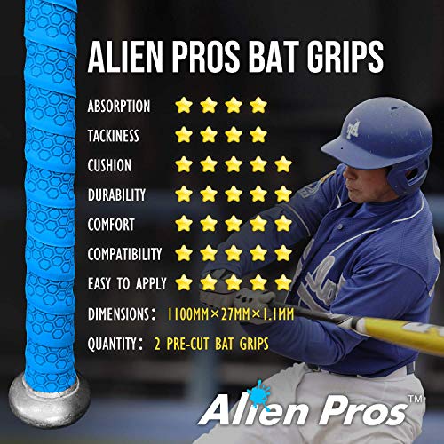 Image of ALIEN PROS Bat Grip Tape for Baseball 1.1 MM (2 Pack, Blue) - Precut and Pro Quality Bat Tape - Wrap Your Bat for an Epic Home Run - Replacement for Old Baseball bat Grip