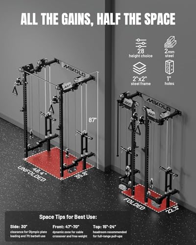 Image of Mikolo Folding Squat Rack, Wall Mounted Power Rack with Cable Crossover Machine & LAT Pull Down, Functional Trainer with 5 Adjustable Function Modes, Home Gym Package