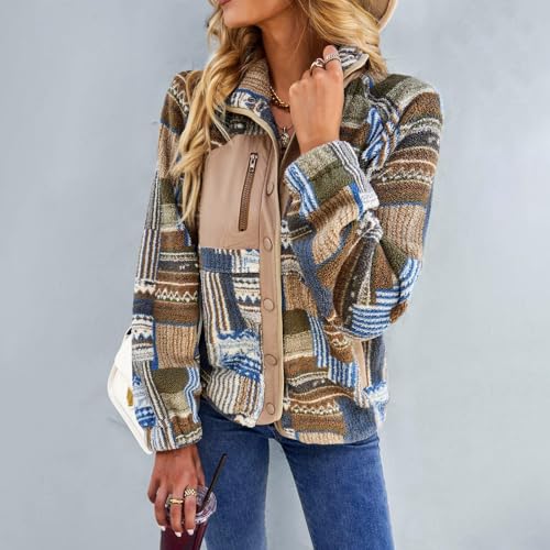 Womens Fleece Jacket Western Outfit Aztec Print Long Sleeve Snap Button Down Shacket Jackets with Pockets3