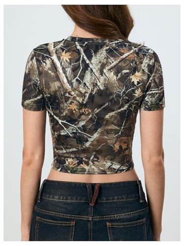 Women's Y2k Camo Maple Leaf Print Crop T Shirts Crew Neck Short Sleeve Slim Fit Tops Grunge Going Out4