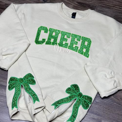 SHAANT Personalized Christmas Embroidered Glitter Sweatshirt, Mom Cheer Sweatshirt for Women, Cheer Mom Hoodie, Cheer mom long sleeve shirt, Side Bow Appliqué Sweatshirt Embroidery2