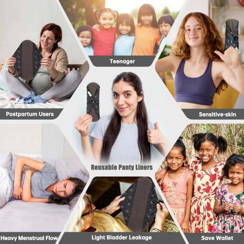 Image of wegreeco Reusable Menstrual Pads, Incontinence Sanitary Period Cloth Pads for Women, Reusable Washable Feminine Panty Liners Heavy Flow, Charcoal, 5 Pack,1 Cloth Wet Bag (Small, Black Asanoha Pattern)