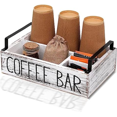 LYJWOO6D Coffee Station Organizer Coffee Pod Holder Wooden Coffee Bar Accessories Organizer for Countertop,Farmhouse Coffee Pod Holder Organizer with Handle,Coffee Bar Decor Rustic White Cover