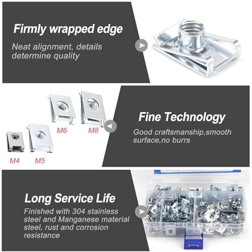 U-Typ Metall Clipmuttern, 90 Stück Metall U-Type Blechmuttern Befestigung Clips, Karosseriemuttern Schnappmuttern Clipmuttern Edelstahl, für Auto (M4 M5 M6 M8)