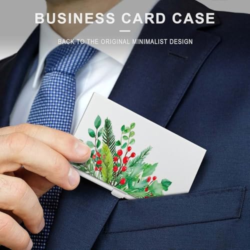 Christmas Greenery with Red Berries Business Card Holder Pocket Slim Portable Metal Business Card Case3