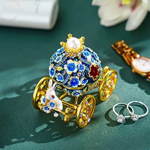 Image of YU FENG 3'' Hand Painted Enamel Pumpkin Carriage Trinket Box With Bunny Flowers Hinged Jewelry Organizer with Crystals Ring Earrings Storage Home Decor Figurine Keepsake Collectible