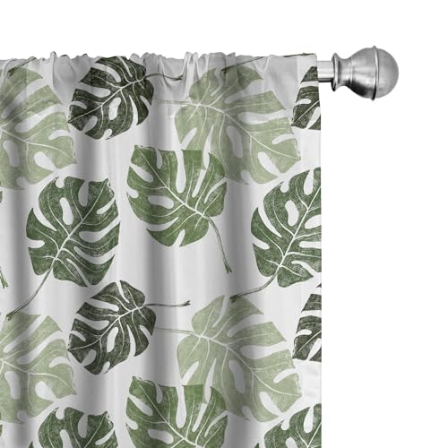 Ambesonne Monstera Window Curtains Pack of 2, Tropical Jungle Foliage Hawaiian Nature Growth Sketchy Leaves Environment Eco, Lightweight Set with Rod Pocket, 4 Panels of - 28" x 63", Green and White