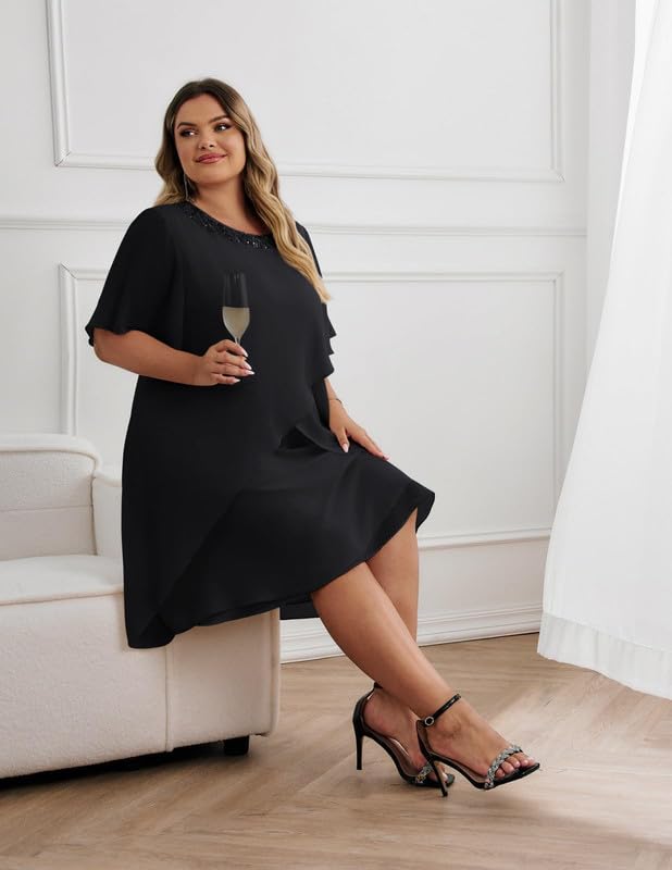 Hanna Nikole Vestidos de invitado de boda para mujer, talla grande, de gasa, vestidos de noche con lentejuelas, cuello redondo, elegante, vestido de cóctel, vestido midi festivo para la madre de la
