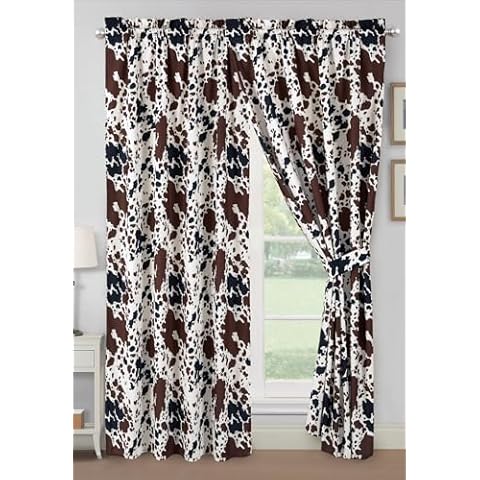 WPM WORLD PRODUCTS MART Cow Print Curtain Set 116" Wide x 84" Long Western Theme Cowboy Print Rod Pocket Panels Brown Black Cream Color Ranch Farmhouse Look darpes with tie Backs (Curtain Set) Cover