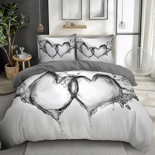 Gray Duvet Cover Twin Size 2 Pieces Heart Splash, Bedding Set Room Decor Bedspread for Kids Teens, Comforter Quilt Cover Bedding Set with Pillow Sham