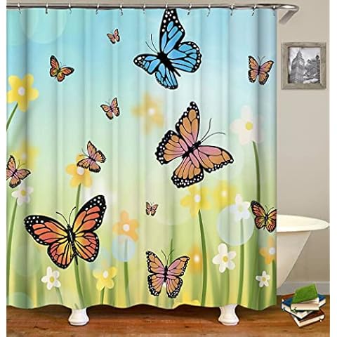 Fabric Shower Curtain, Flowers Plants Blue Colored Butterflies in The Spring Sunshine Polyester Designer Cloth, Print Decorative Bathroom Curtains Include Hooks Set(72〃w by 72〃L) (WJ667) Cover