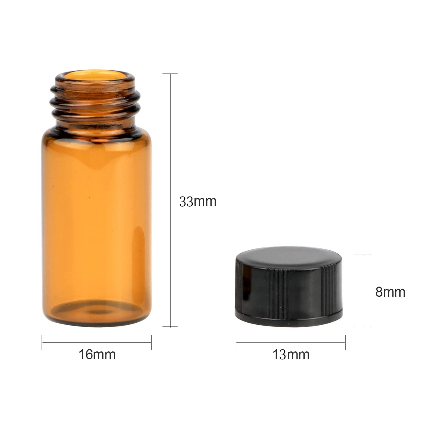Frasco de muestra de vidrio de 3 ml, botellas de rosca de vidrio de borosilicato ámbar, 16 x 33 mm, tapas de rosca negras 13-425 con forro de silicona PTFE natural/blanco, paquete de 100