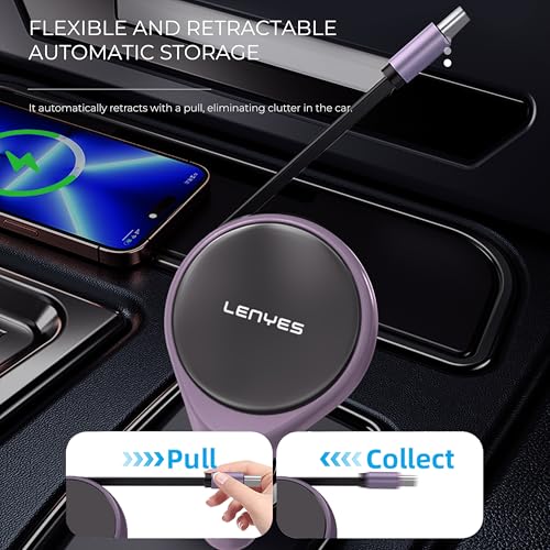 Image of Lenyes CA820 60W Car Charger | Dual Output with 80cm Retractable Type-C Cable | 30W PD Fast Charging | 2-in-1 Adapter for Type-C Devices | Compact Car Accessory (Purple)