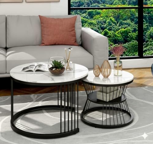 Image of Roldo Modern Nesting Coffee Table Set of 2 for Living Room, Round Coffee & Side Table with Metal Frame and Marble Finish MDF Top, Center Table for Sofa, Home Decor Office & Apartment (Black White)