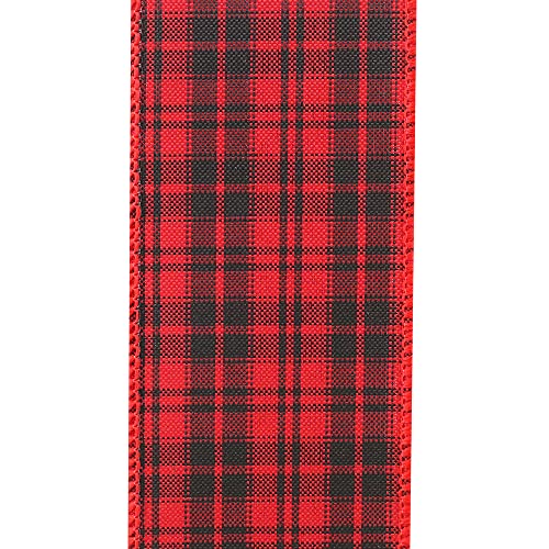 Image of Flannel Print Plaid Christmas Ribbon - 2 1 /2 inch x 10 Yards, Black & Red Buffalo Plaid, Wired Edge, Wreath, Farmhouse Decor, Garland, Gift Wrap, Wreath, Bows, Fundraiser
