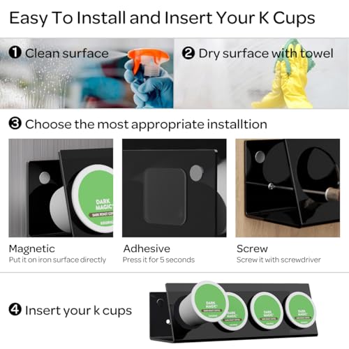 Image of LifeMoreasy K Cup Holders, Acrylic Coffee Pods Organizer Stand Magnetic & Self-Adhesive Wall Mounted K Cup Stand for Kitchen Wall, Cabinet, Fridge (4 Pack for 16 Pods)