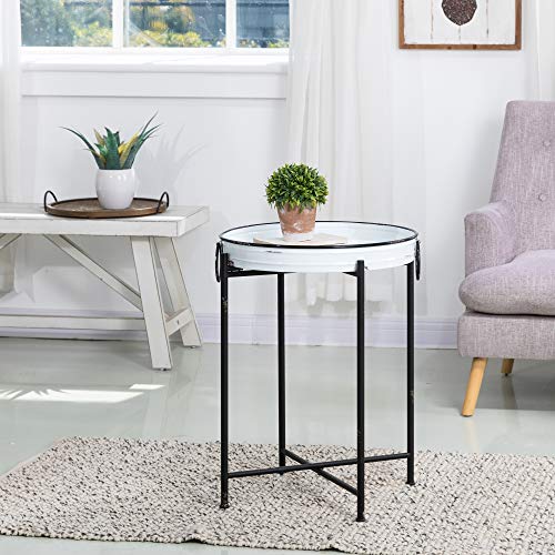 Glitzhome Rustic Metal End Table,Folding Galvanized Side Table Waterproof Imitation Enamel Coffee Table Sofa Side Table with Removable Tray for Living Room Bedroom Balcony and Office Decoratio