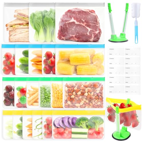 Ferenando 20 Pack Reusable Food Storage Bags 4 Sizes(0.7-1.7L) with