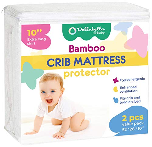 2-Pack Ultra Soft Crib Mattress Protector by Dellabella | 100% Hypoallergenic Bamboo. Stylish and a Perfect Fit for Cribs & Toddler Beds. Soft, Breathable, Quiet, Waterproof Crib Mattress Cover