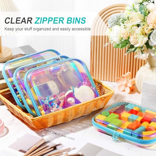 Image of Hoolerry 4 Pcs Hard Clear Zipper Case Makeup Bags Plastic Zipper Pouch Transparent Storage Box Containers for Cosmetics, Snacks, Building Blocks, Puzzles(Clear,9.8 x 7.9 x 2 in,Blue Laser)