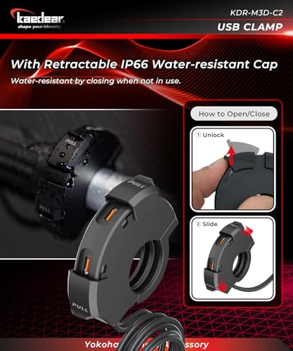 Image of KAEDEAR Dual USB-C Motorcycle Charger, 30W + 30W, KDR-M3D-C2 | dual USB-C ports, dual PD 30W output, water resistant, SAE DC 12V, clamp mounting, fast charging for two devices