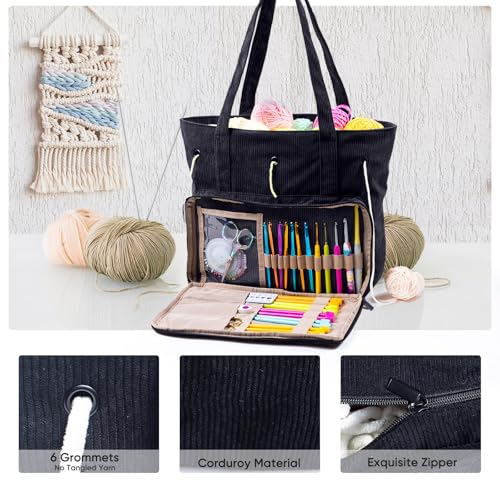 Image of MYBAGZING Large Yarn Tote Organizer - Corduroy Knitting Storage Holder for Yarn, Hooks & Accessories, Portable Craft Carryall for Crocheting Lovers, Mother's Day Gift