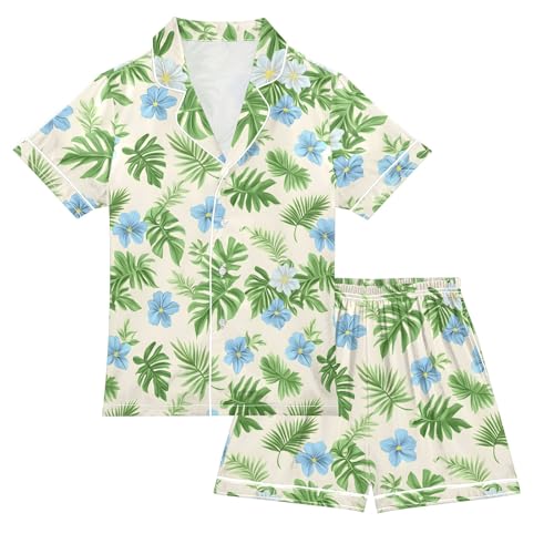 Hand Drawn Floral Summer Satin Pajama Set, Cute Button-Down Sleepwear Pj Set for Sleep Wears