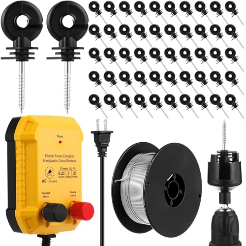 MorningRo Electric Fence for Preventing Animals Intruding 2 Mile 110VAC 0.25 Joule Electric Plug in Fence, 50 Black Insulator and 1 Socket Tool 250ft Aluminum Wire for Animals and Keep Out Predators