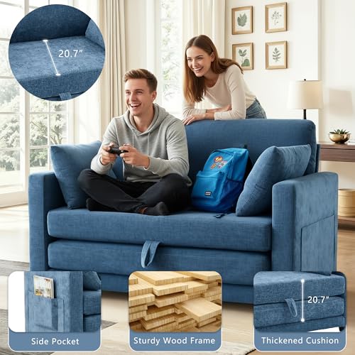 Image of 52 inch Loveseat Sleeper Sofa Bed, Convertible Small Pull Out Couch with Solid Back, 2 Pillows, Modern Upholstered Loveseat for Compact Living Room, Apartment, Bedroom, Blue