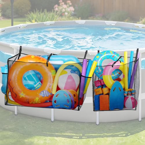 2 Pack Pool Float Storage Bag - Large and Small Mesh Hanging Pool Toy Organizers with Adjustable Straps Universal Fence & Above Ground Poolside Storage for Inflatable Rafts Noodles and Balls