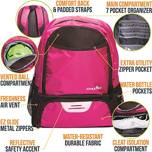Athletico Youth Soccer Bag - Soccer Backpack & Bags for Basketball, Volleyball & Football | for Kids, Youth, Boys, Girls | Includes Separate Cleat and Ball Compartments (Pink) - Image 3
