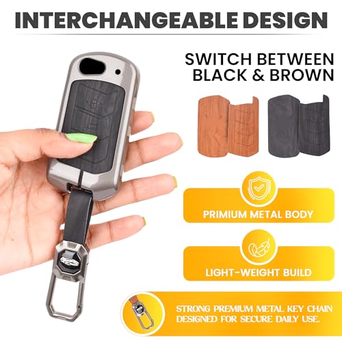 Image of Car Key Cover Compatible with Mahindra Scorpio, Marazzo | Xuv 300, Xuv 700 | Xuv 400 Ev | Bolero | Thar | Tuv 3-Button Smart Flip Key (Dual Leather Metal (Black & Brown))