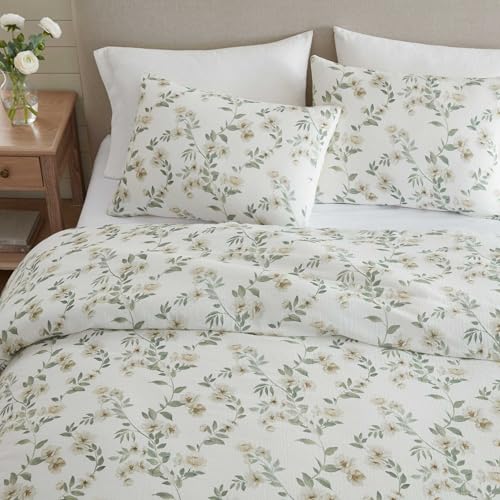 Image of Martha Stewart - King Comforter Set, Soft Cotton with Crisp & Tailored Naturally Smooth Cotton Percale Reverse, 3 Piece Bed Set with Matching Pillowcases (Hazel Floral Beige)