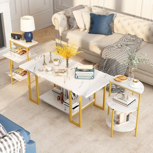 Lamerge Coffee Table Set of 3,Rectangle Coffee Table&2 Accent Table,Faux Marble Tabletop,3 Piece...