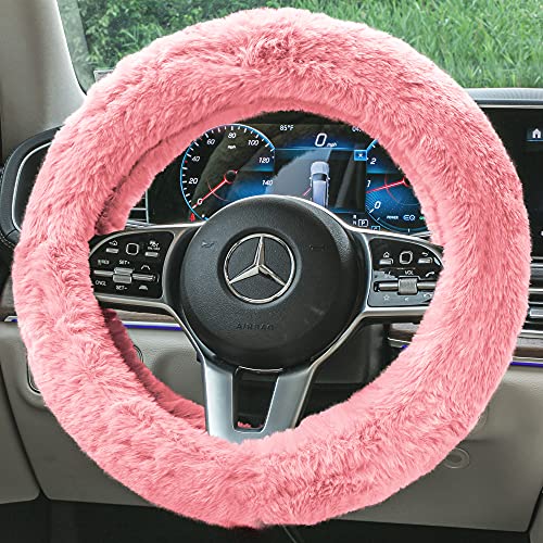 Image of FH Group Doe16 Faux Rabbit Fur Cozy Steering Wheel Cover Ultimate Protection Universal Fit for Most Cars, Trucks, SUVs, and Vans Pink