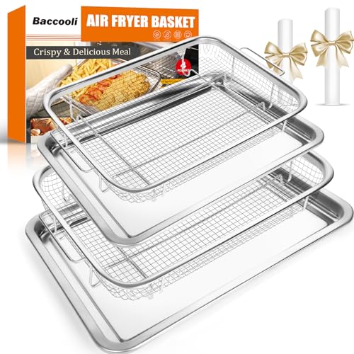 Baccooli Air Fryer Basket for Oven, Stainless Steel Oven Air Fryer Basket and Tray Set, 2 Pack Air...