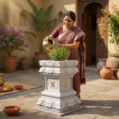 Image of YUCCABE ITALIA FOXB Tulsi Planter Stylish German Polymer Square Pot Suitable for Outdoor and Indoor Use (Marble White, 24 Inch)