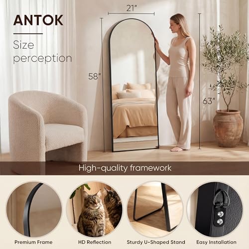 Image of Antok 58 inch x21 inch Arched Full Length Floor Mirror, Black Aluminum Frame, Free Standing /Wall Mount /Leaning for Bedroom, Living Room, Dressing Room