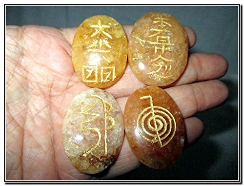 Jet International Set of Golden Quartz Oval Usui Reiki Healing with 40 Page Booklet on Crystal Therapy Chakra Balancing, Spiritual Energized Positive Mental Peace Prosperity Growth