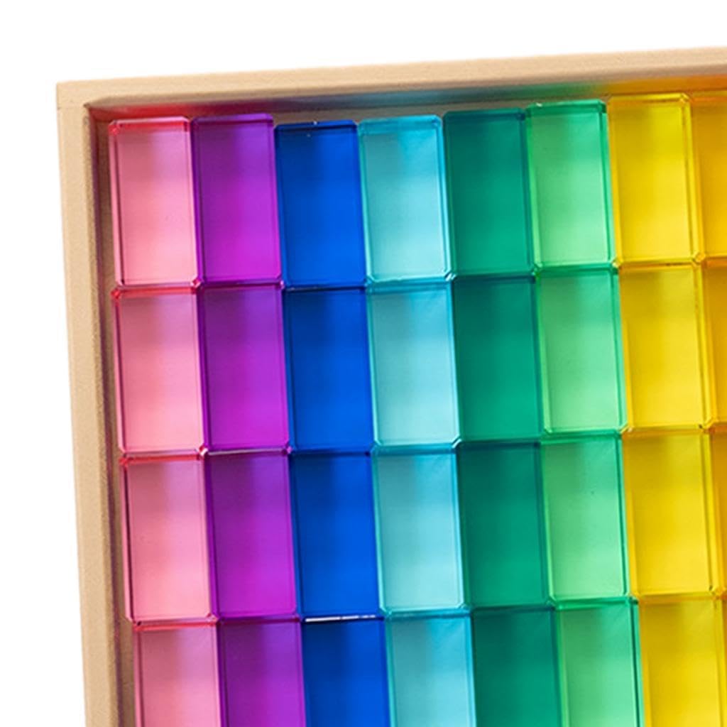 Set di 30 Blocchi da Costruzione Arcobaleno, Gioco di Impilamento, Gioco di Dadi, Cubi in Acrilico Effetto Pietra Preziosa con Base in Legno per Bambi, 50 Pezzi