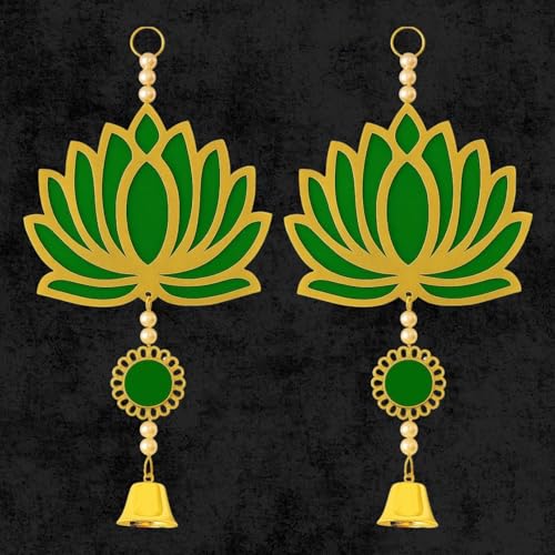 Image of ARLICORPING Wooden Lotus Wall Hanging for Festive Decoration - Diwali, Ganpati, Pooja Room, Mandir, Living Room, Door, Hall, Entrance, Spiritual Decor (Lotus + Bell-Green, Pack of 2)