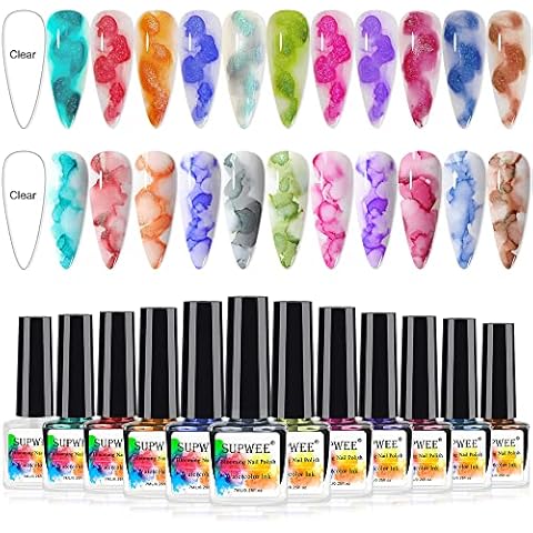 Supwee Glitter Blooming Gel Nail Polish Set Watercolour Ink Nail Gel Blossom for Spreading Marble Effect Floral Print Nail Art Design Manicure Soak Off UV Gel Manicure 12 Colors 7ml(0.25fl oz) Cover