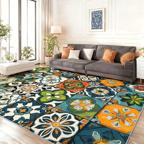 Rutschfeste Waschbarer Teppich Traditionell 120 x 180 cm, Mexikanisch Kachel Bedruckt Weich Kurzflor Teppiche für Wohnzimmer Schlafzimmer Esszimmer Deko, Bunt Leicht Zusammenklappbar Innen Teppich